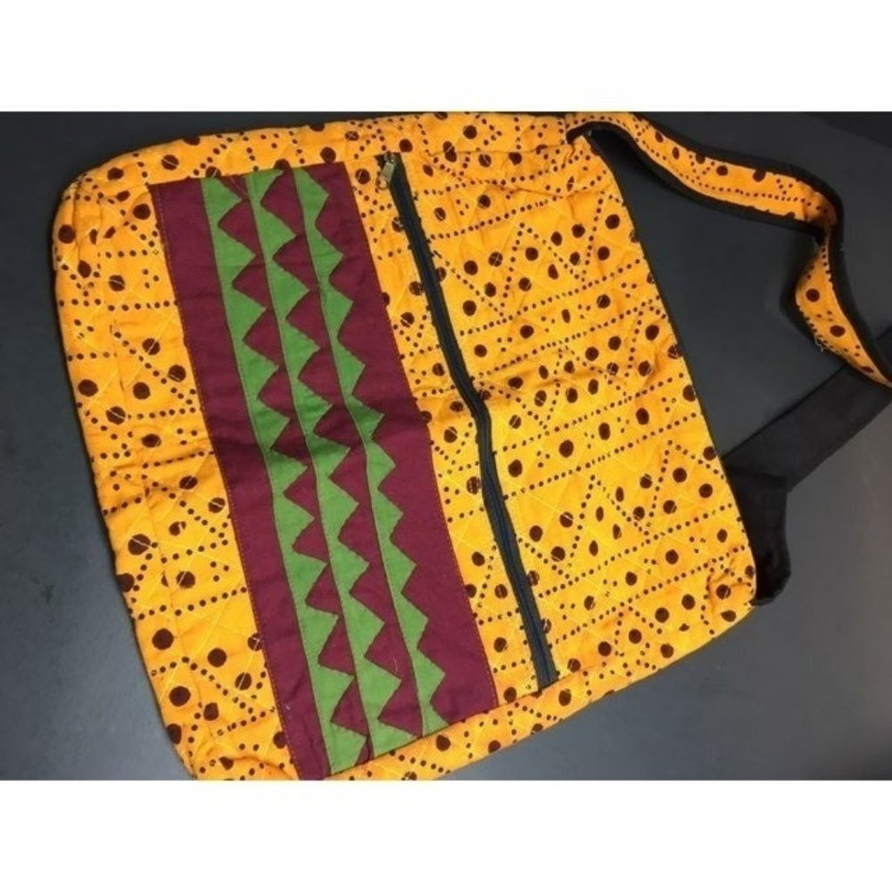 Tribal Tote Bag Purse Quilted Zippered Gold Yellow Orange Black Green Red Boho